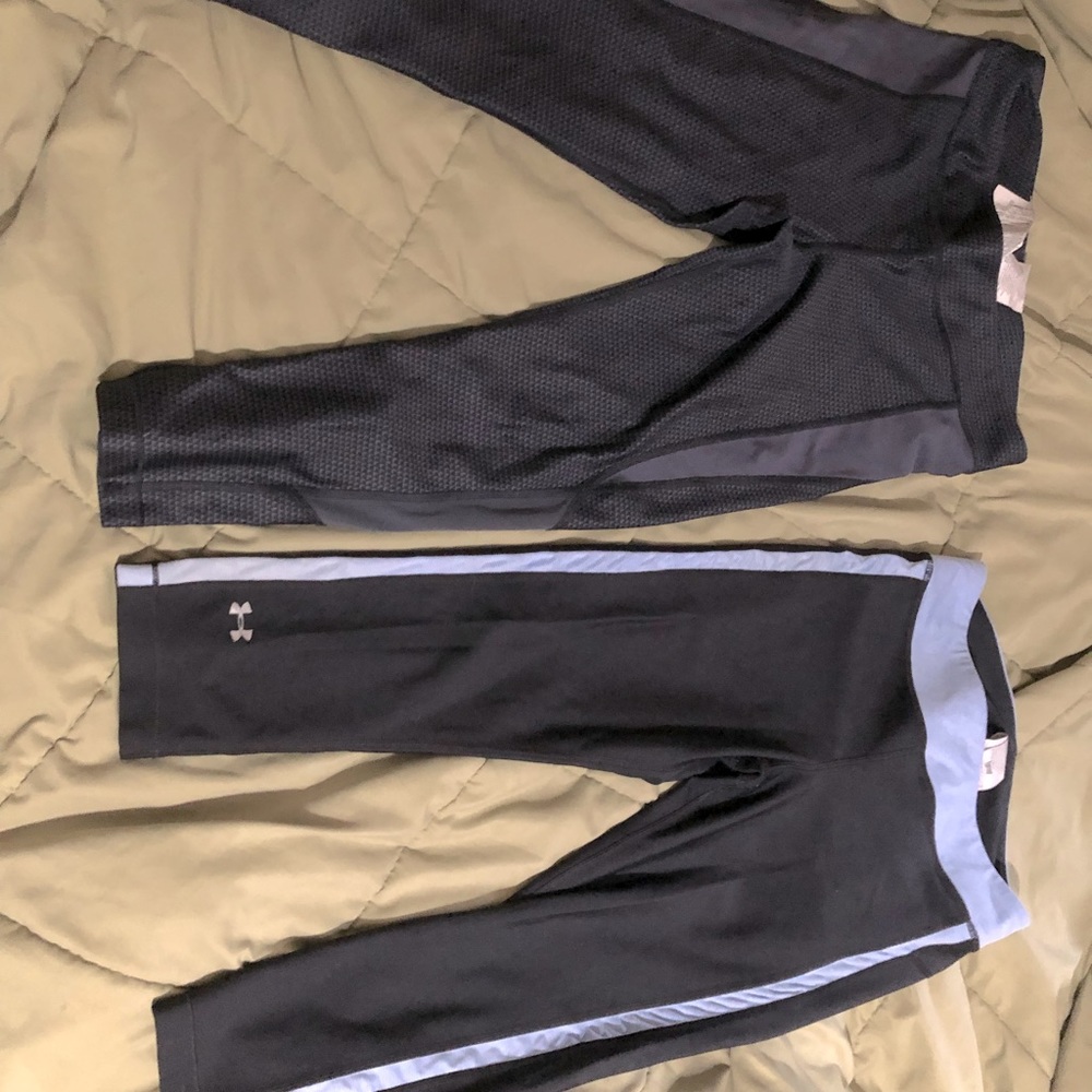 2 med UA 3/4 length pants in black/grey and black/blue lightly worn - heatgear